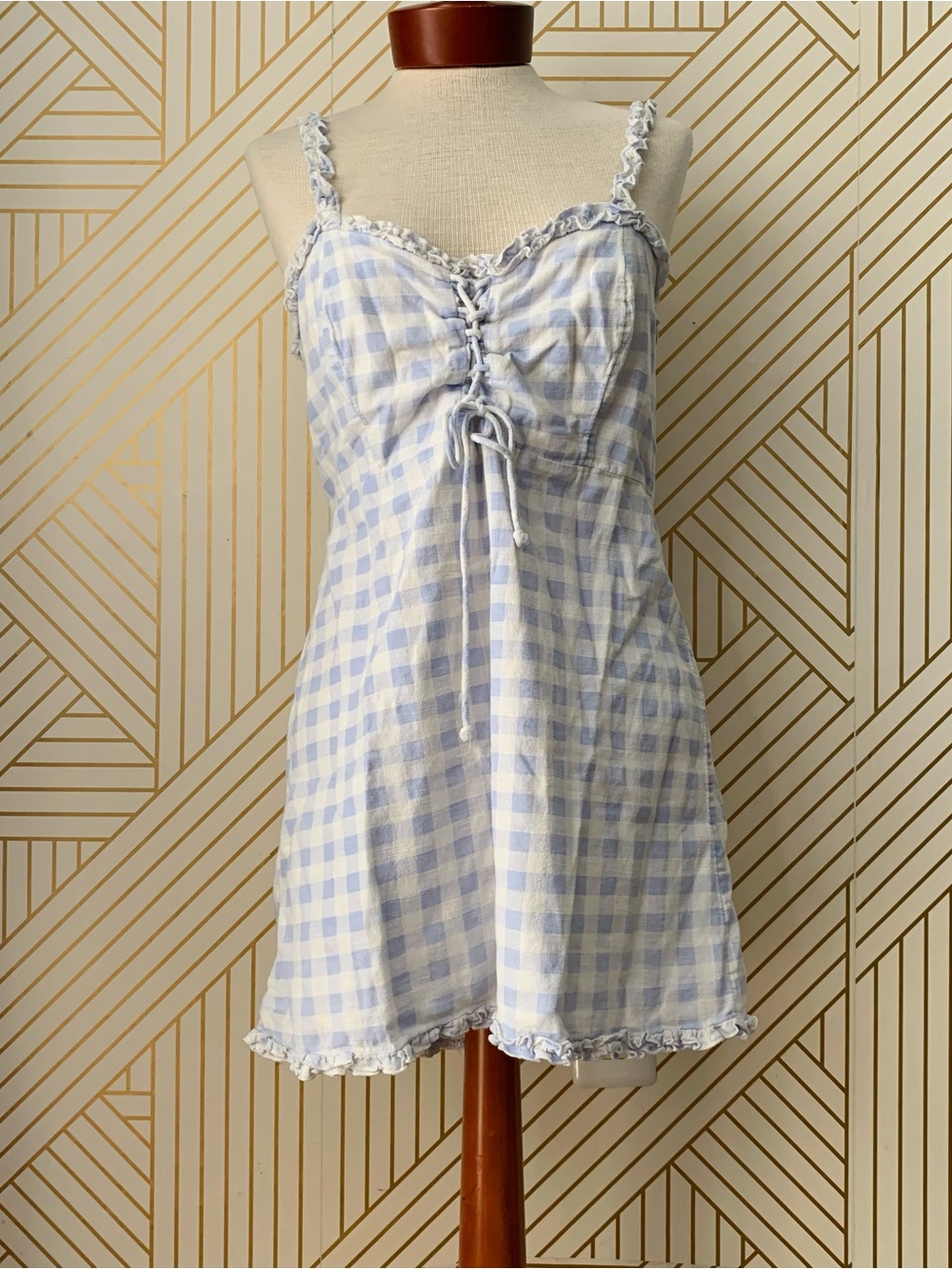 Urban Outfitters Robin Lace-Up Blue & White Checkered Gingham Mini Dress Large